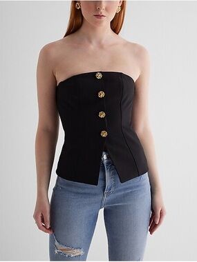 Strapless Black Bustier Top with Gold Buttons